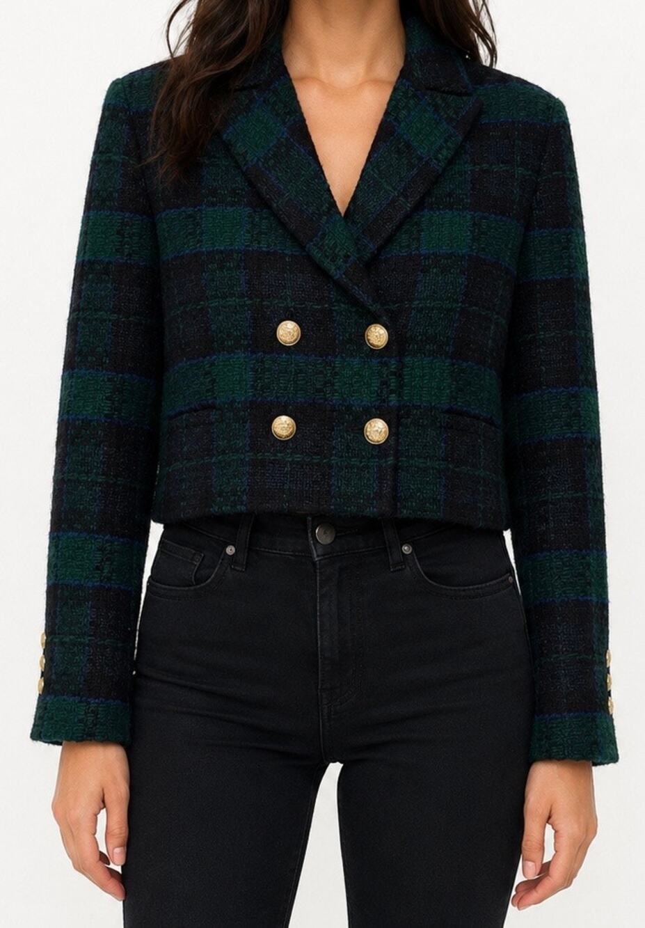 Zara Cropped Plaid Tweed Blazer Jacket Green Blue Black M